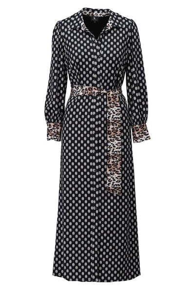Printed Maxi Dress With Leopard Print Cuffs & Belt