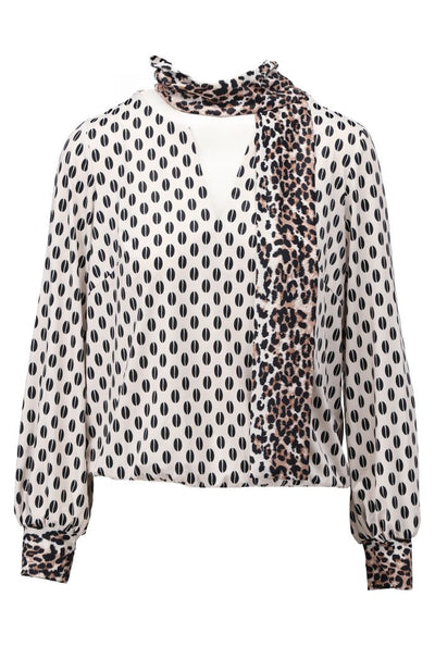 V-Neck Top With Leopard Print Cuff & Leopard Print Scarf