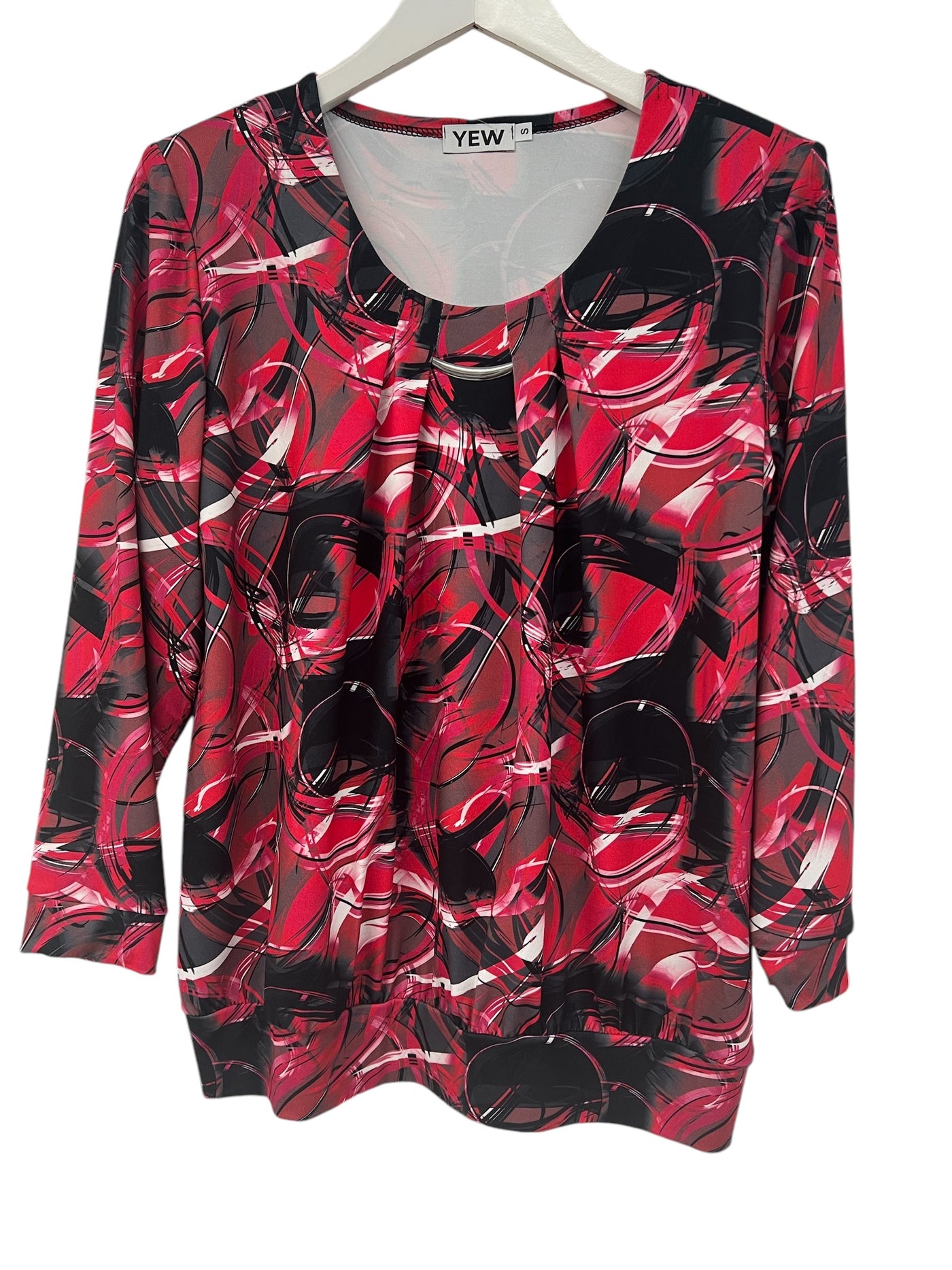 Red & Black Round Neck Top with Clasp & Pleat Detail