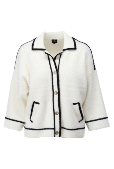 Cream Faux Fur Button Up  Cardigan With Black Trim