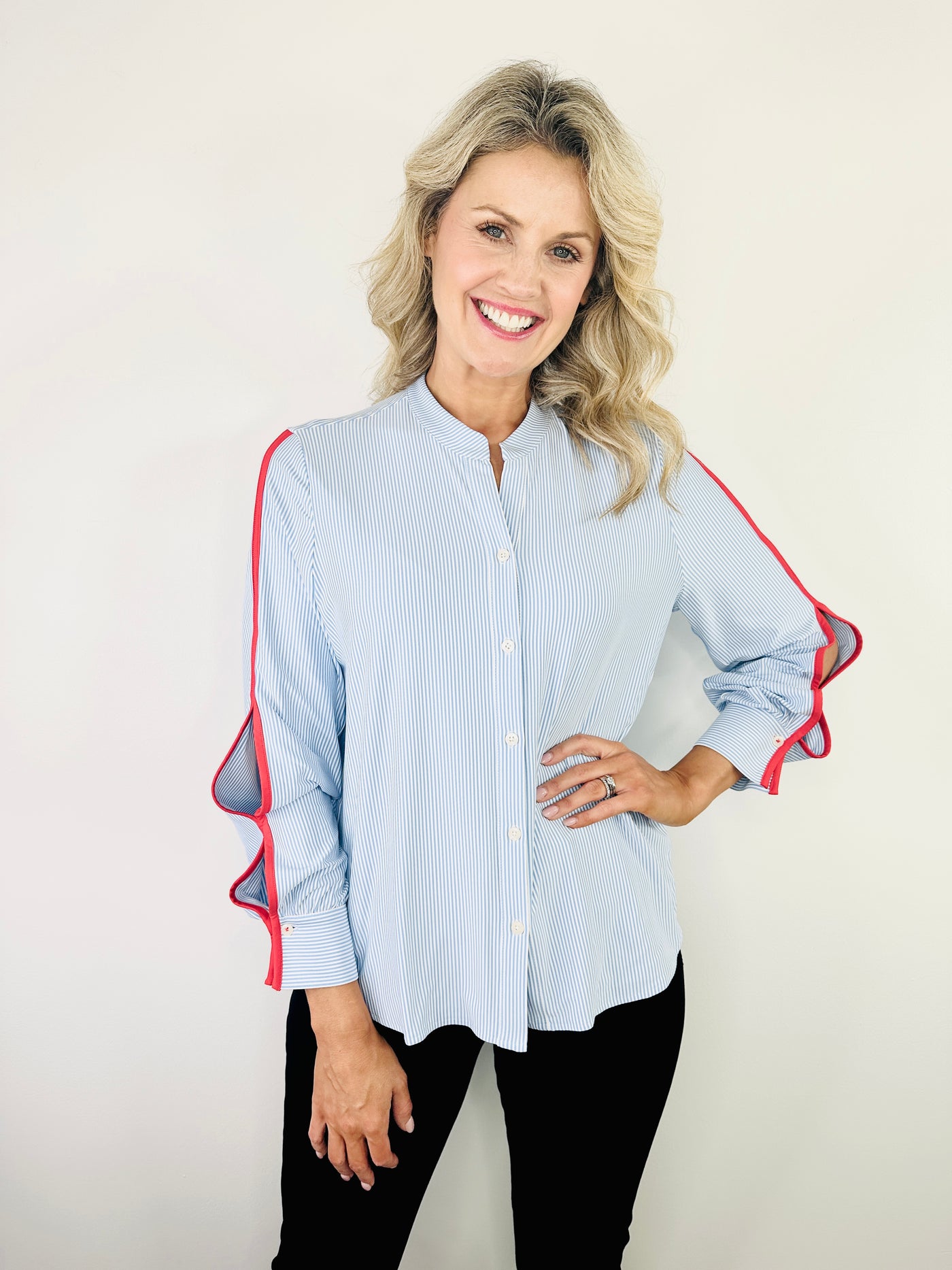Blue and White Pin Stripe Blouse with Red Stripe