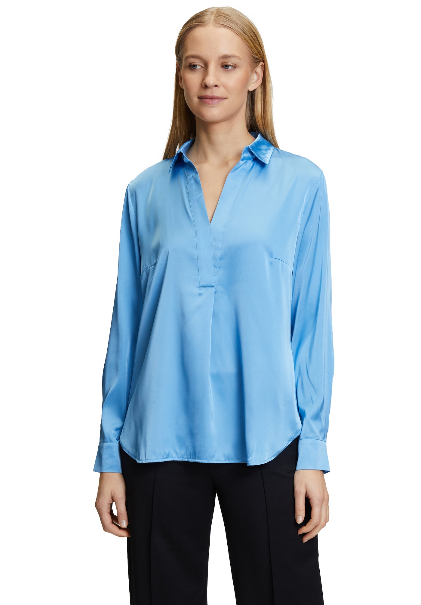 Azure Blue Top with Shirt Collar and V-Neck
