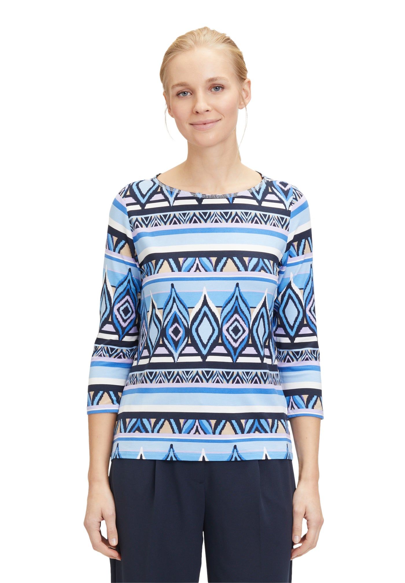 Blue, Lilac & Beige Aztec Round Neck Top with 3/4 sleeve
