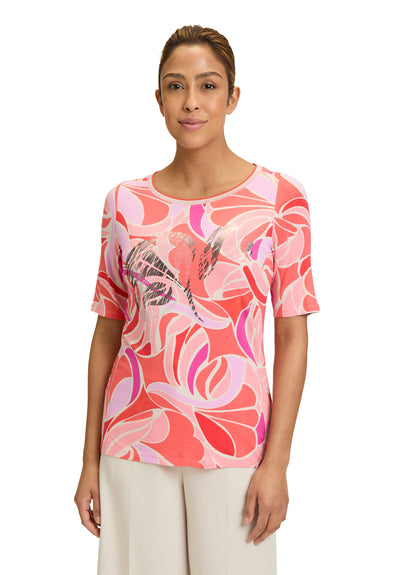 Coral and Pink Floral T-Shirt with Diamonds