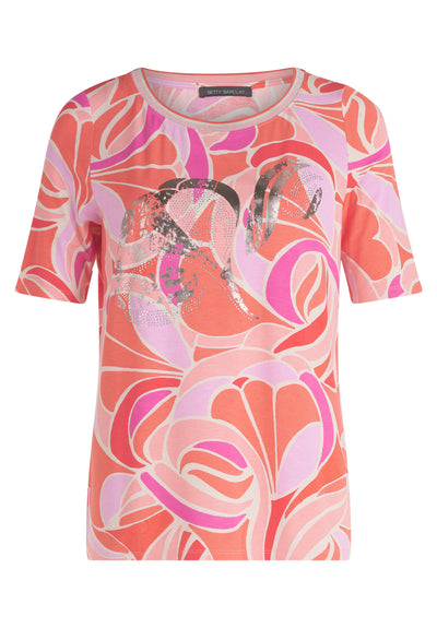Coral and Pink Floral T-Shirt with Diamonds