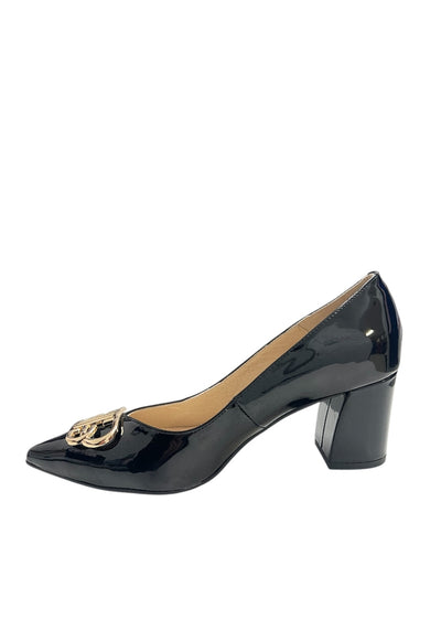 Black Block Heel with Gold Buckle Detail