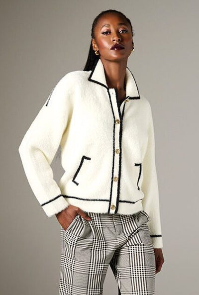 Cream Faux Fur Button Up  Cardigan With Black Trim