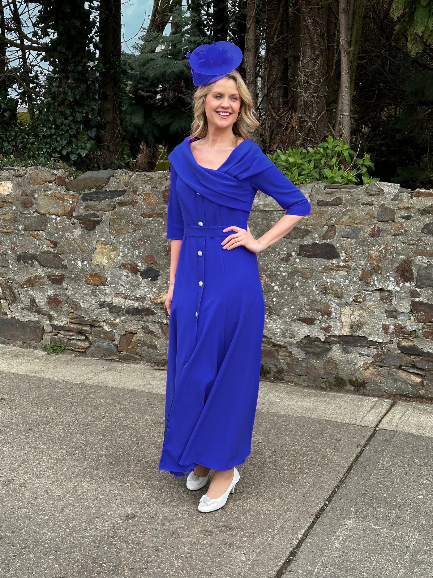 Cobalt Blue Bardot Neckline Dress With Belt & Button Detailing