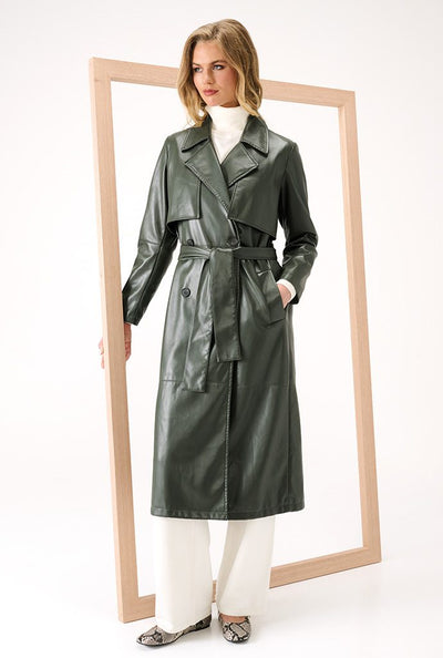 Green Vegan Leather Trench Coat