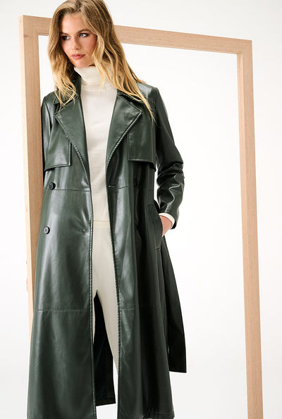 Green Vegan Leather Trench Coat