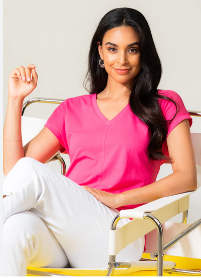 Pink T-shirt With V-Neck & Mesh Detail