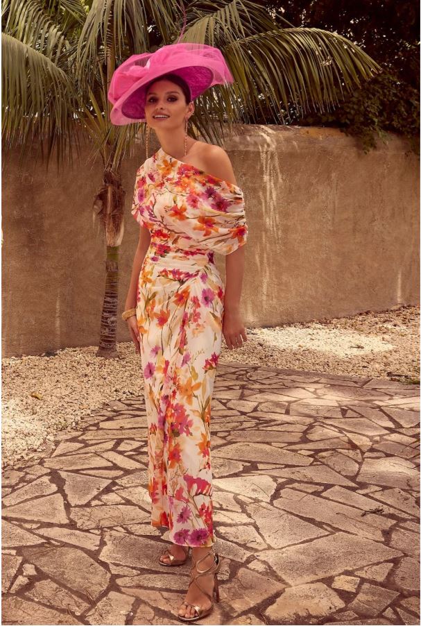 Orange/Fuchsia One Shoulder Dress with Chiffon Overlay