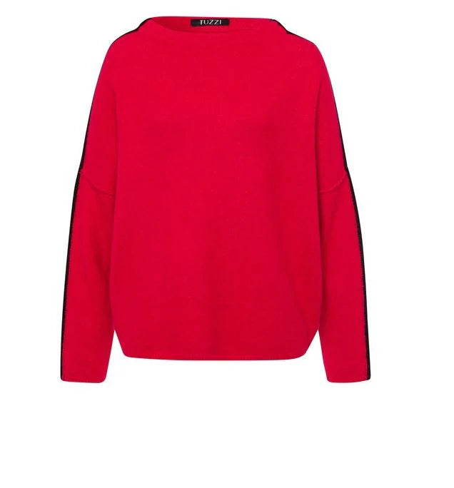 Red Knit Jumper with Black & Beige Side Stripe on Sleeves