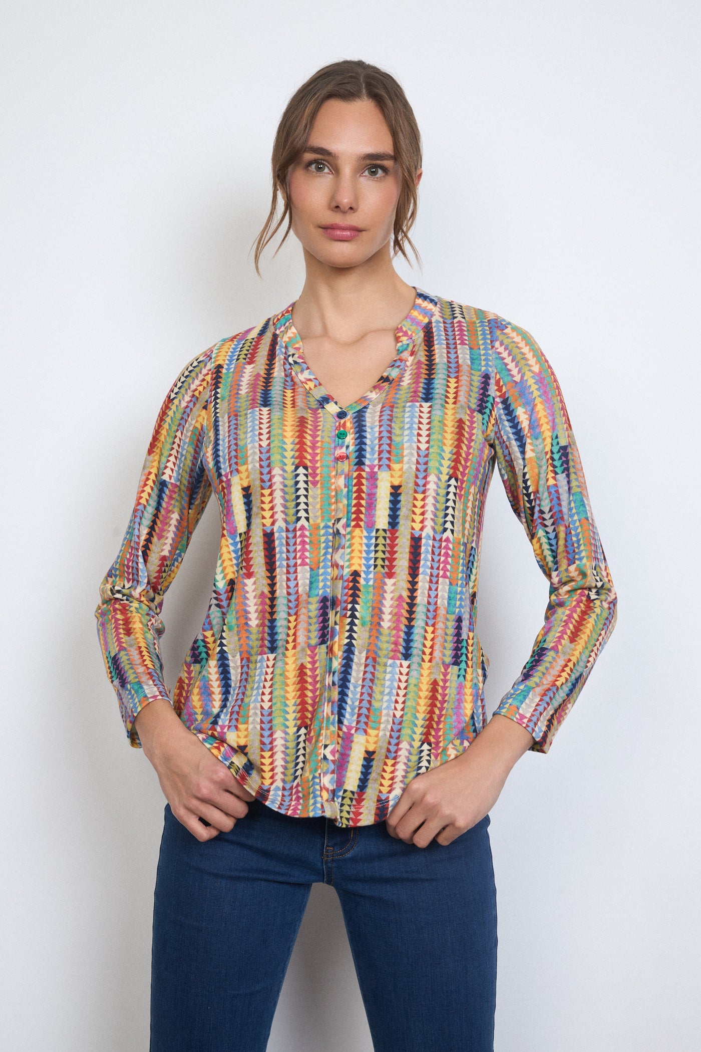 Caria Top with Grandfather Collar and Button Detail