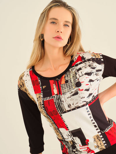 Red and Black Artistic Print Round Neck Top