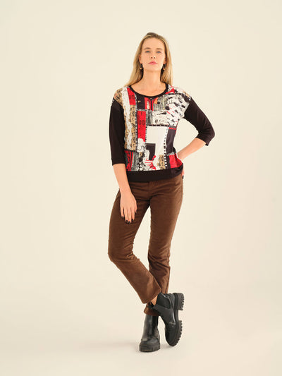 Red and Black Artistic Print Round Neck Top