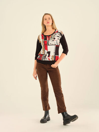Red and Black Artistic Print Round Neck Top