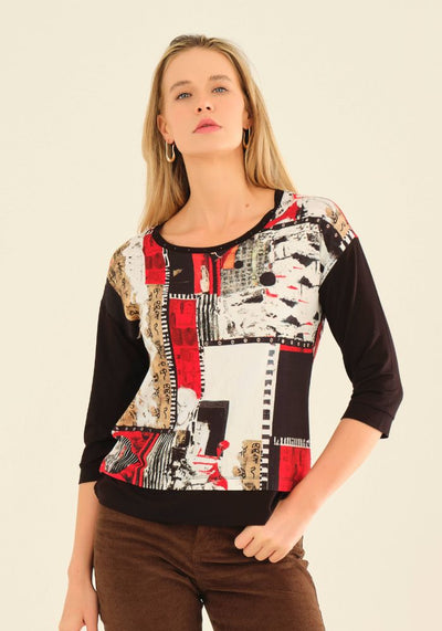 Red and Black Artistic Print Round Neck Top