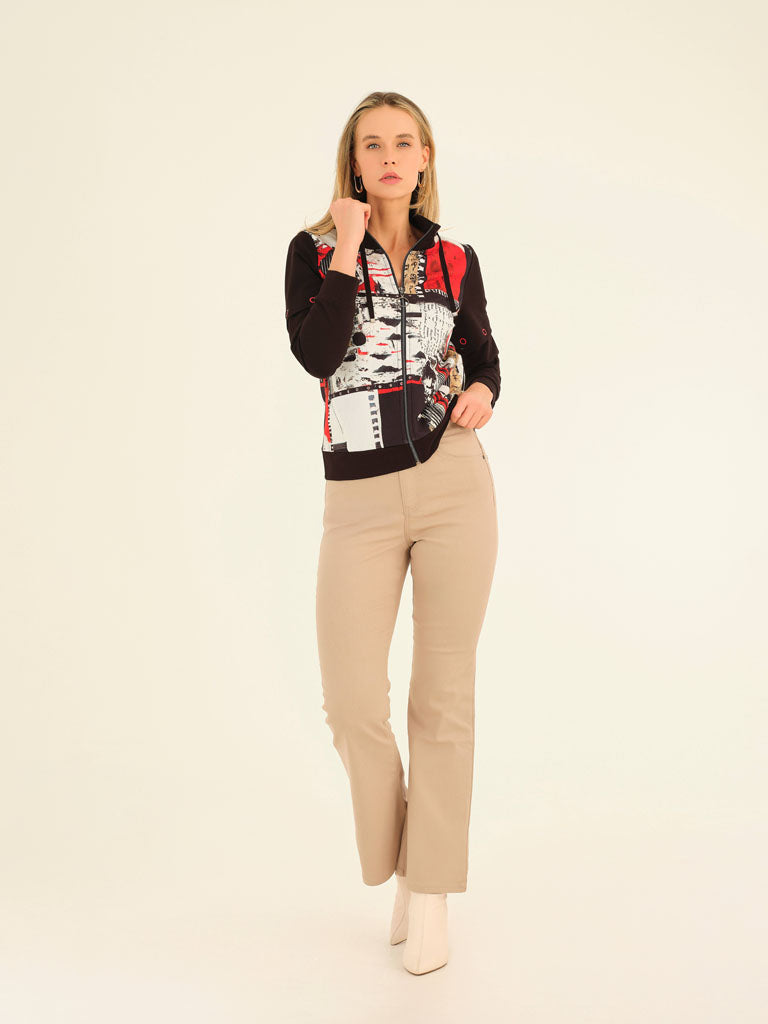 Red and Black Artistic Print Zip Up Jacket With Detachable Sleeves