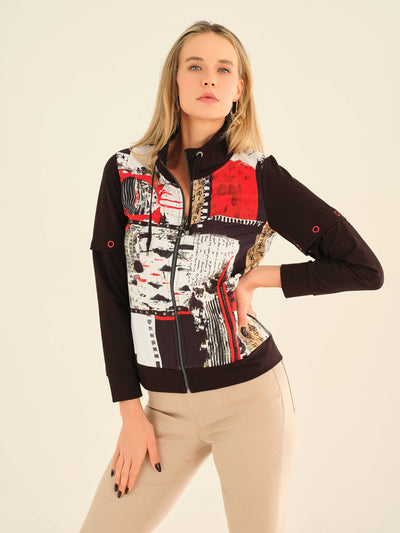 Red and Black Artistic Print Zip Up Jacket With Detachable Sleeves