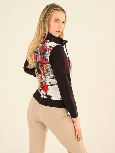 Red and Black Artistic Print Zip Up Jacket With Detachable Sleeves