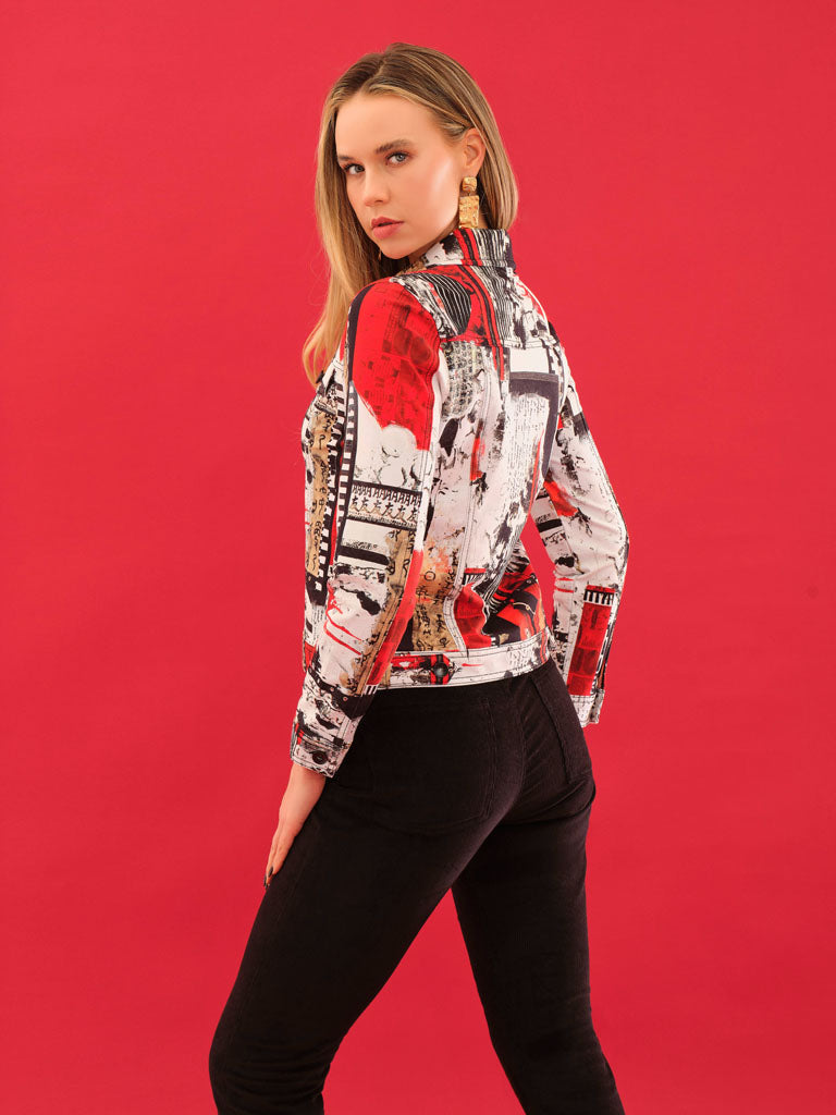 Red and Black Artistic Print Button Up Jacket