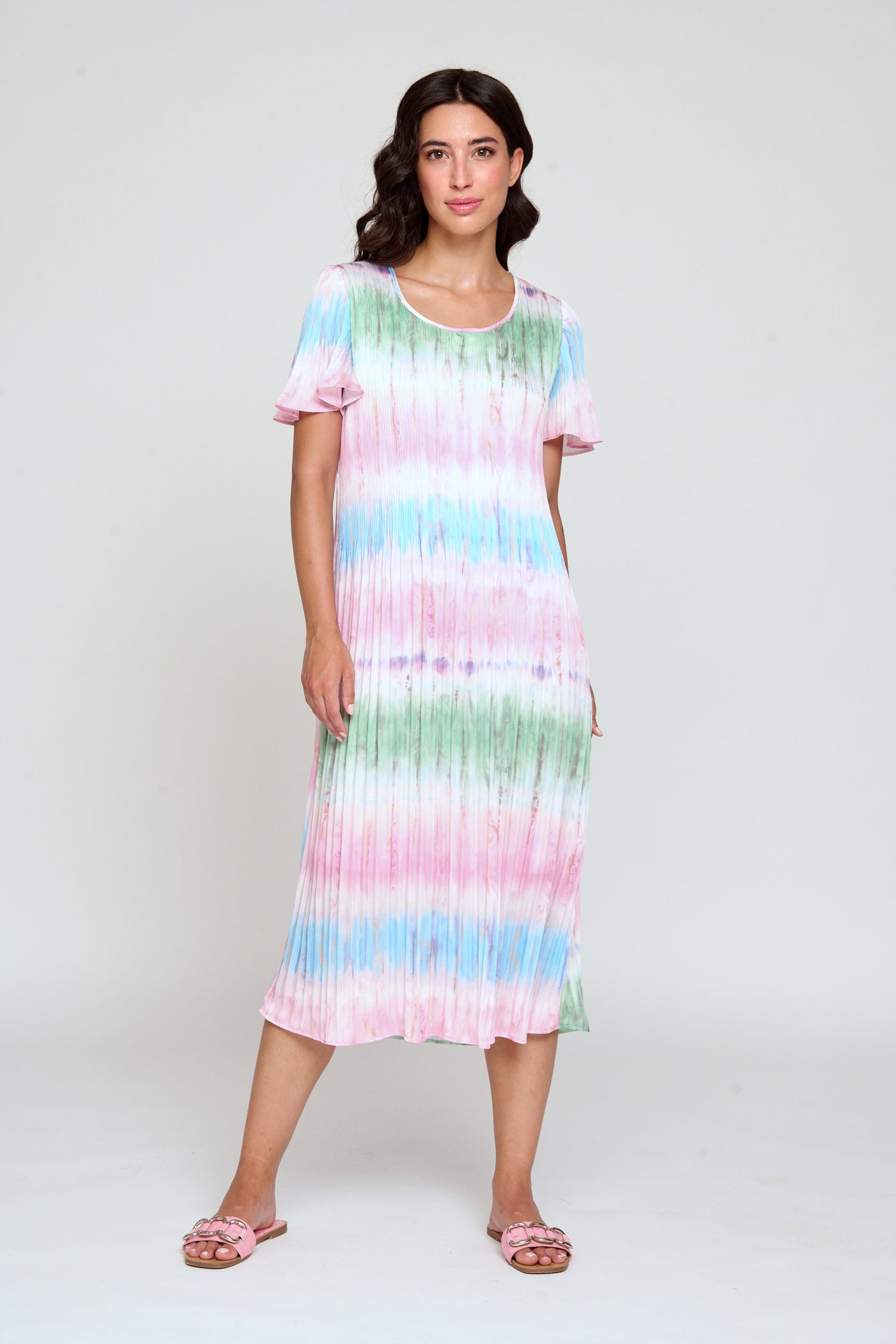 Multicolored Dress With Gradient Stripe Print And Ruffled Sleeves