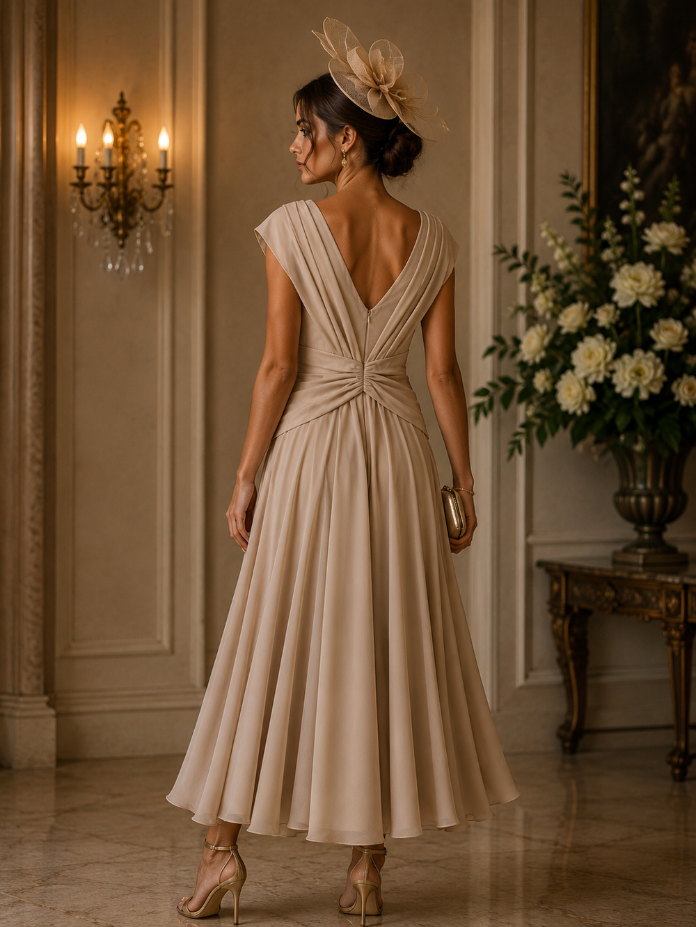 cream mother of the groom dresses Mid Length Dress With Dipped Hem. VO0978