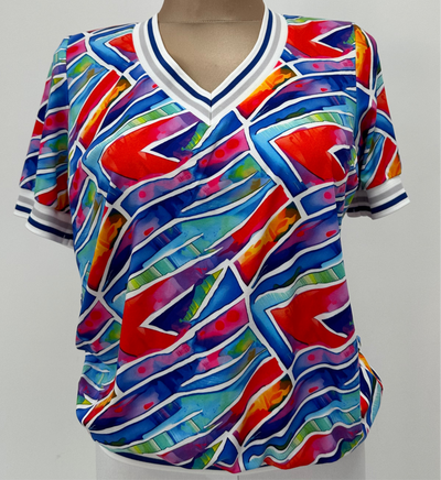 Mosaic Effect T-Shirt with V-Neck and Elasticated Sleeve