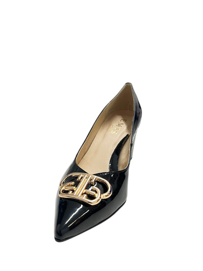 Black Block Heel with Gold Buckle Detail