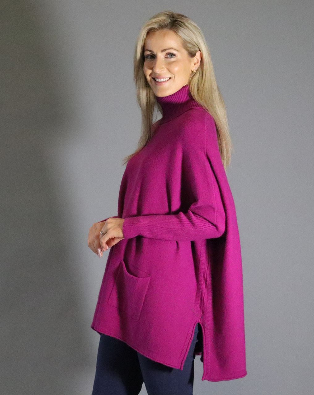 Magenta Polo Neck Jumper with Front Pockets and Back Button Detail