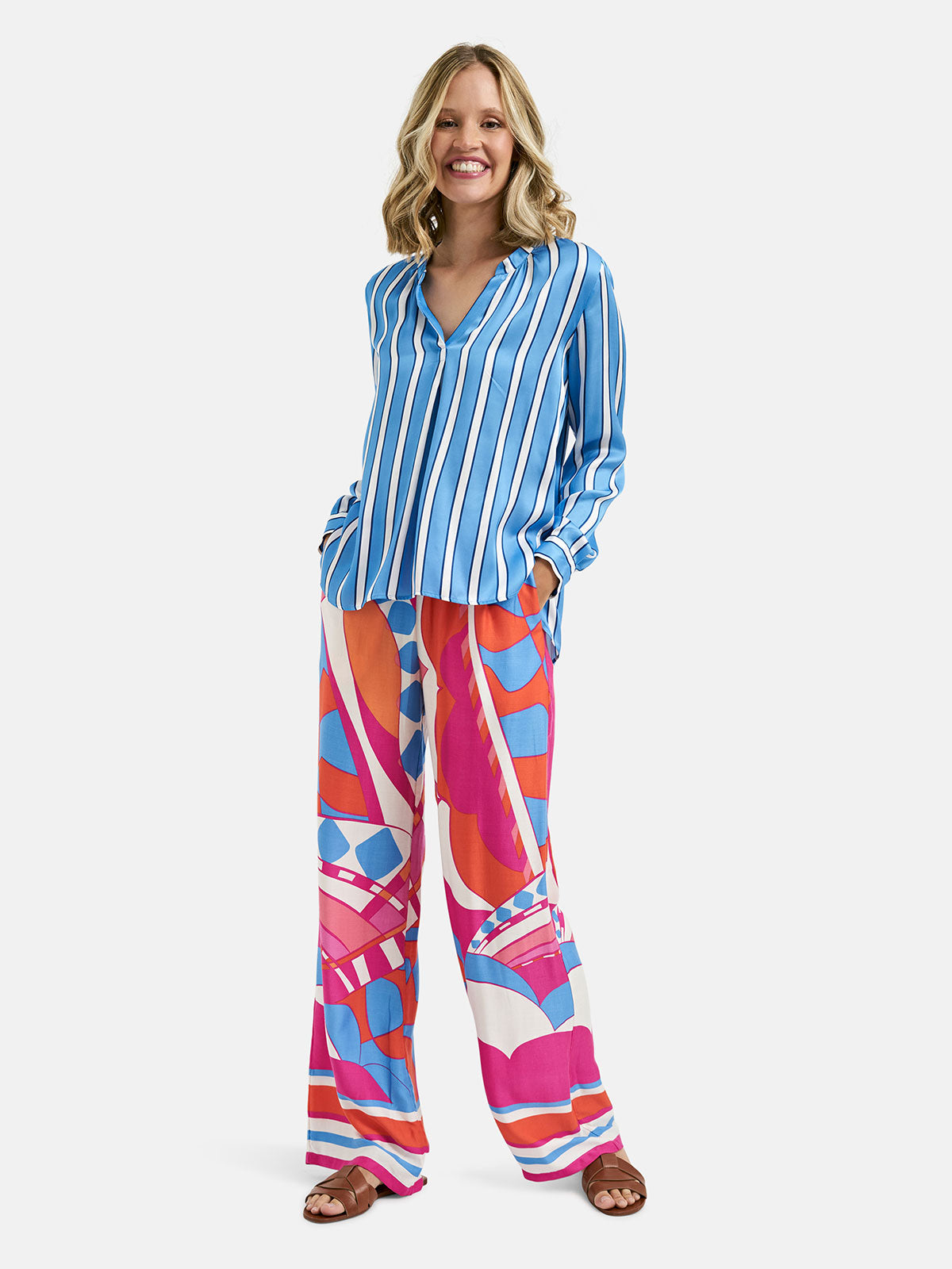 Bright Pink, Blue, and Orange Wide-leg Pants with Elasticated Waist