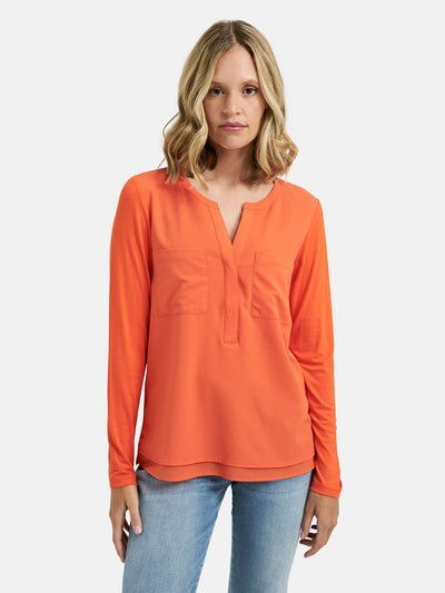 Hot Orange V-Neck Top with Breast Pockets