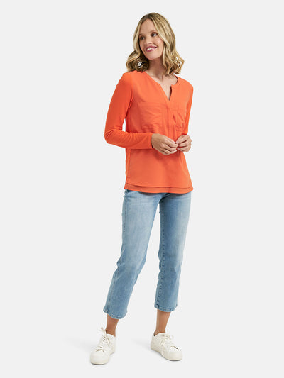 Hot Orange V-Neck Top with Breast Pockets