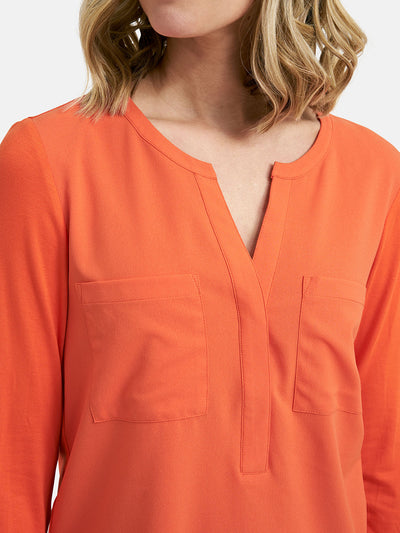 Hot Orange V-Neck Top with Breast Pockets