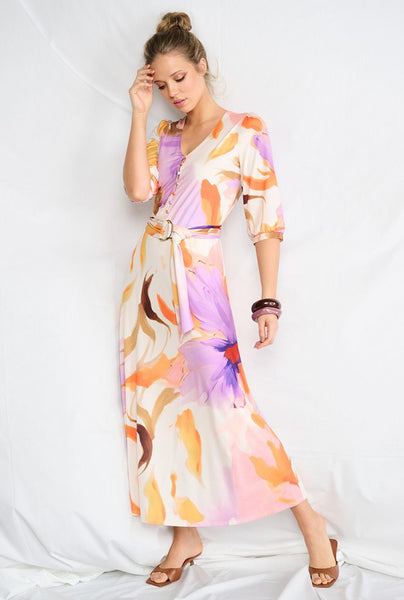 Lilac and Orange Maxi Dress with Button Detail – La Creme Boutique