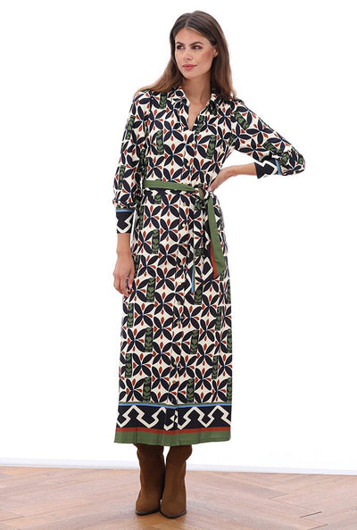 Bold Geometric Print Maxi Dress With Tie Belt