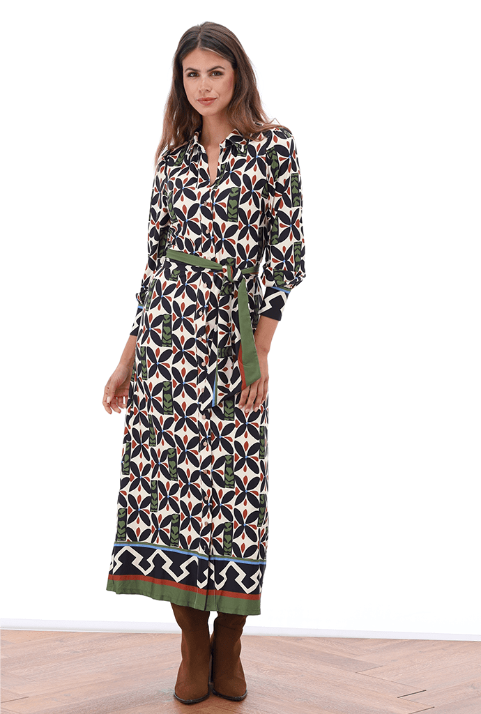 Bold Geometric Print Maxi Dress With Tie Belt