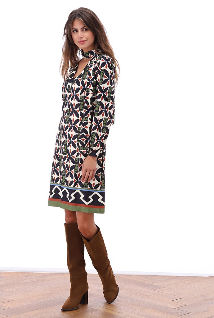 Bold Print Dress With Draped Neck Tie