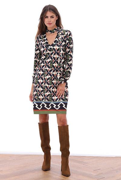 Bold Print Dress With Draped Neck Tie