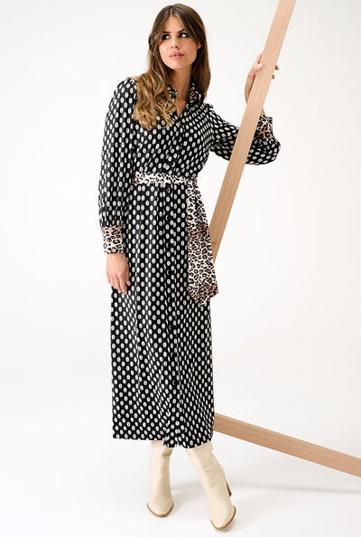 Printed Maxi Dress With Leopard Print Cuffs & Belt