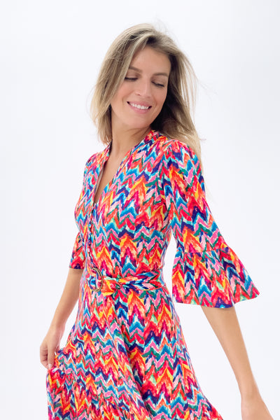 Multicoloured Zig-Zag Dress With Flounces & Belt