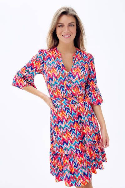 Multicoloured Zig-Zag Dress With Flounces & Belt