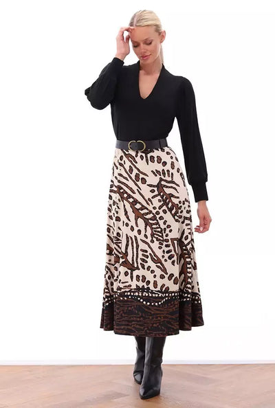 Black V-Neck Dress with Beige & Brown Skirt & Black Belt
