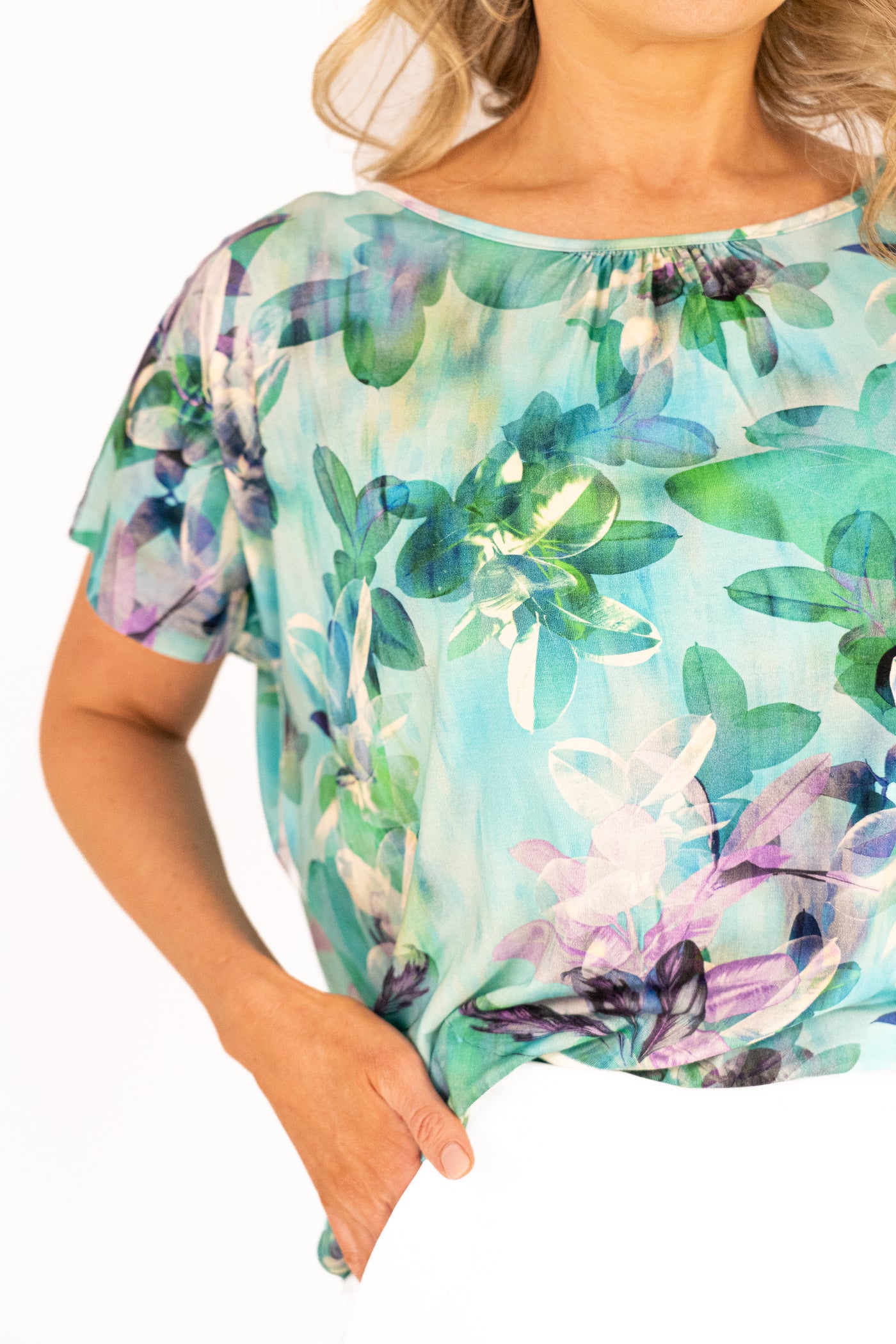 Blue and Turquoise Floral Print T-Shirt with Pleated Neck Line