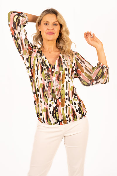 Aubree Camo Mesh Ruffle Blouse