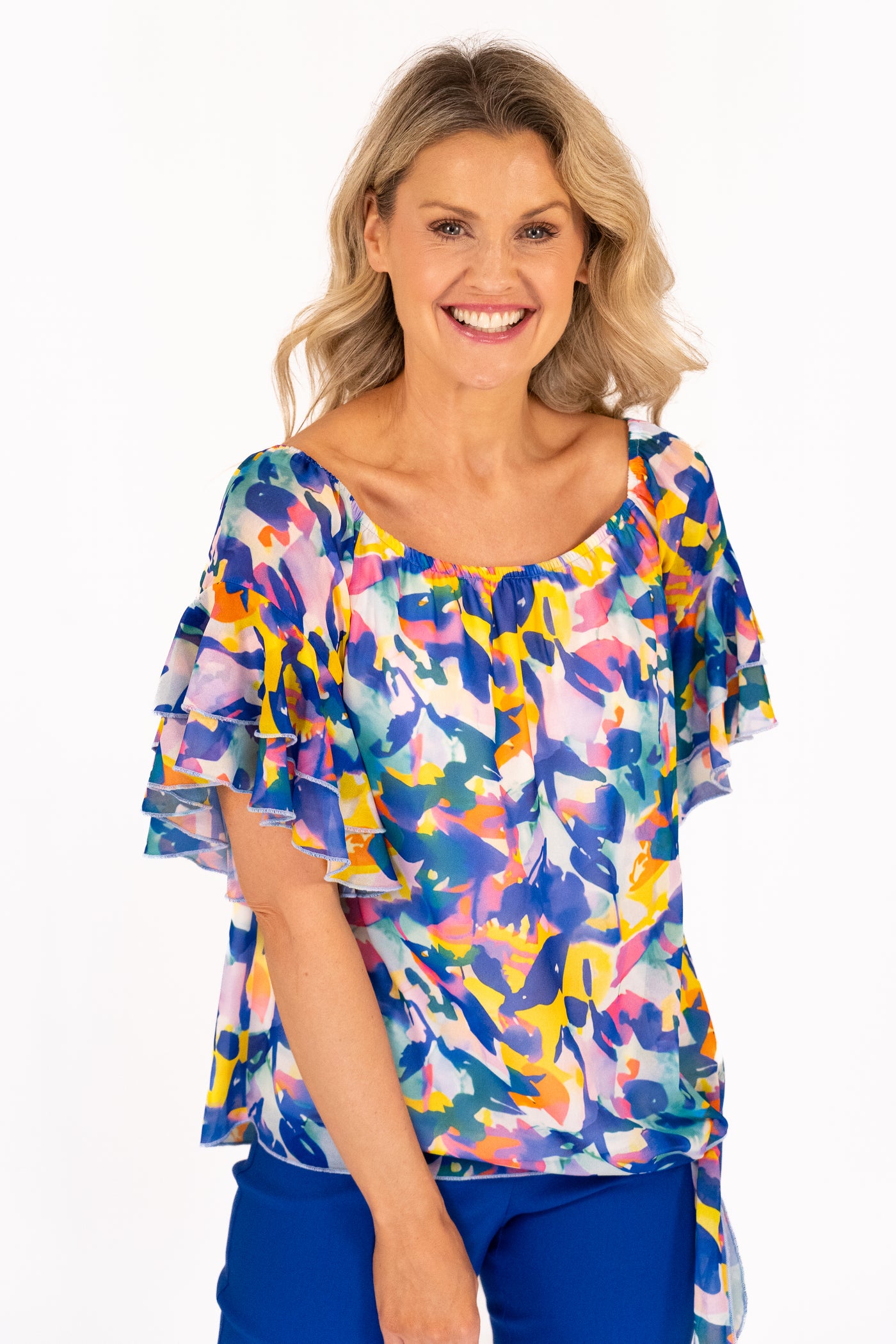 Pippa Gathered Round Neck Top With Tie Hem - Spring Blue Burst
