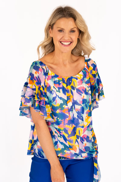 Pippa Gathered Round Neck Top With Tie Hem - Spring Blue Burst