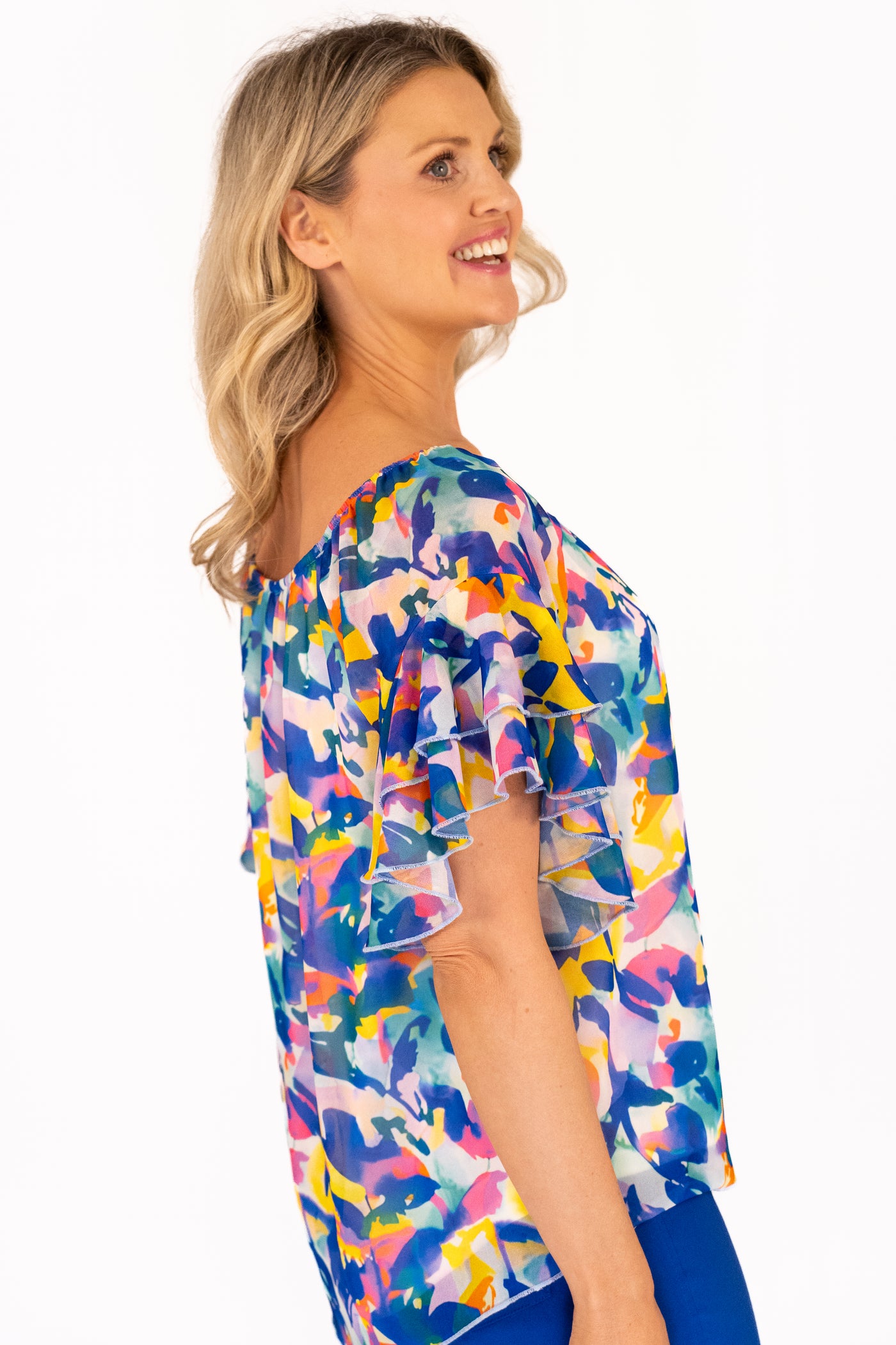 Pippa Gathered Round Neck Top With Tie Hem - Spring Blue Burst