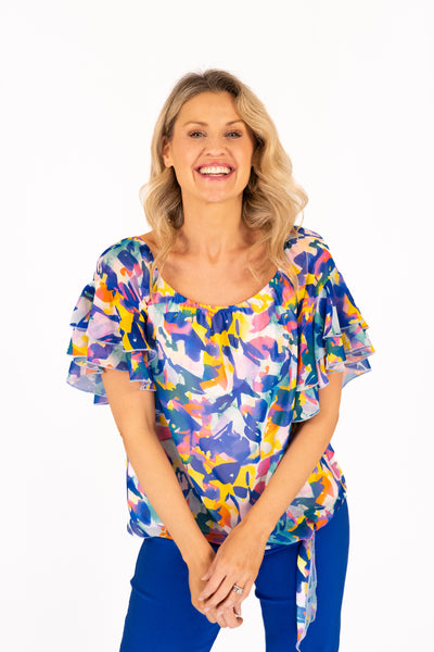 Pippa Gathered Round Neck Top With Tie Hem - Spring Blue Burst